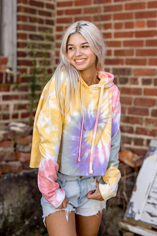 Spiral Cropped Tie Dye Hoodie-Blank Shirt-Brisco Brands